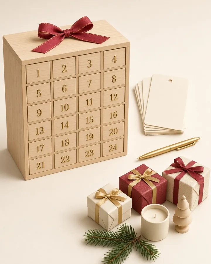 Build Your Advent refillable wooden box with numbered drawers and a red bow, surrounded by small wrapped gifts and blank gift tags