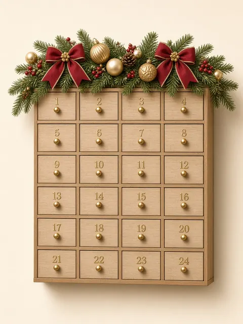 Classic Christmas advent box design: natural wood drawers under a garland of pine, red bows and gold ornaments
