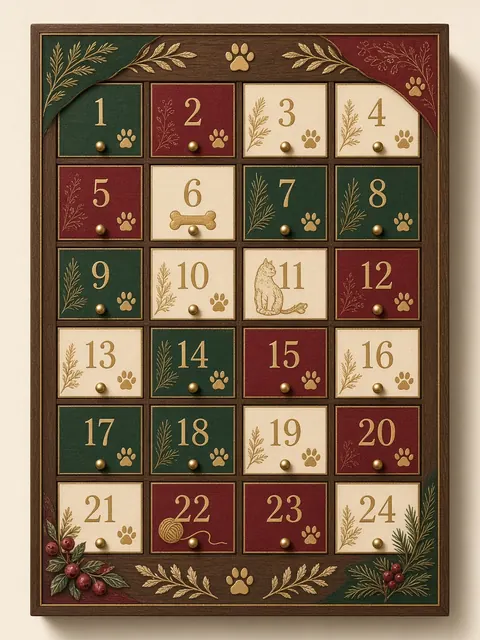 Furry Friends advent box design: red, green and cream numbered doors decorated with paw prints and dog bones