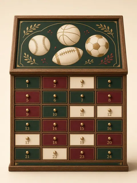 Game Day advent box design: red, green and cream drawers under a panel with a baseball, basketball, football and soccer ball