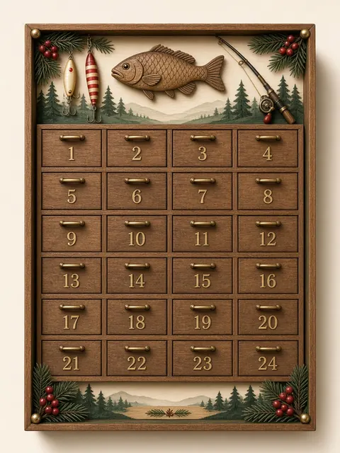 Gone Fishing advent box design: dark wood drawers with a carved fish, fishing rod and lakeside pines