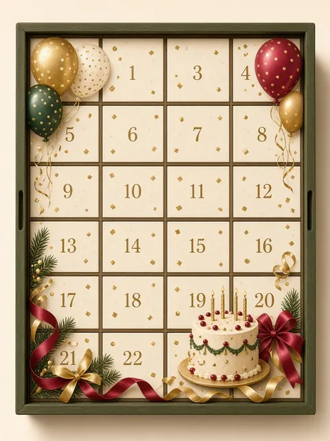 Happy Birthday advent box design: cream numbered doors with gold balloons, a red balloon and a birthday cake
