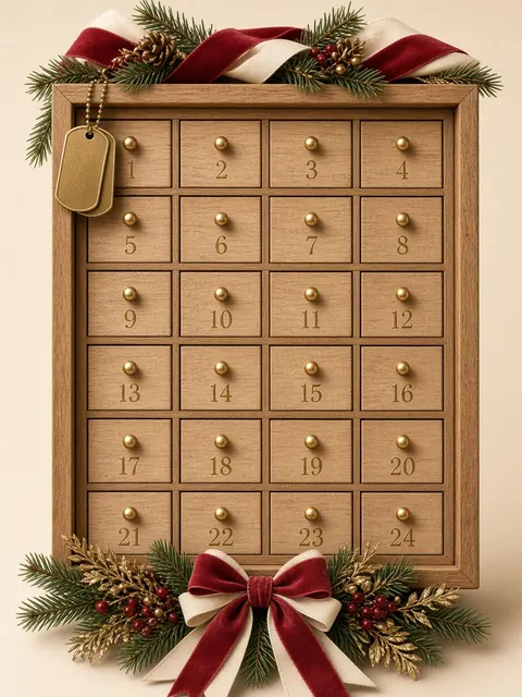 Red, White and Blue homecoming advent box design: wooden drawers with garland, a red ribbon bow and a hanging dog tag