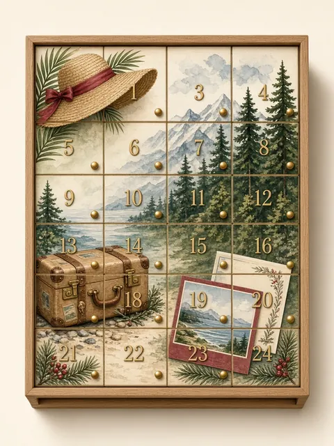 Vacation Countdown advent box design: mountain lake scene with a sun hat, a vintage suitcase and a postcard