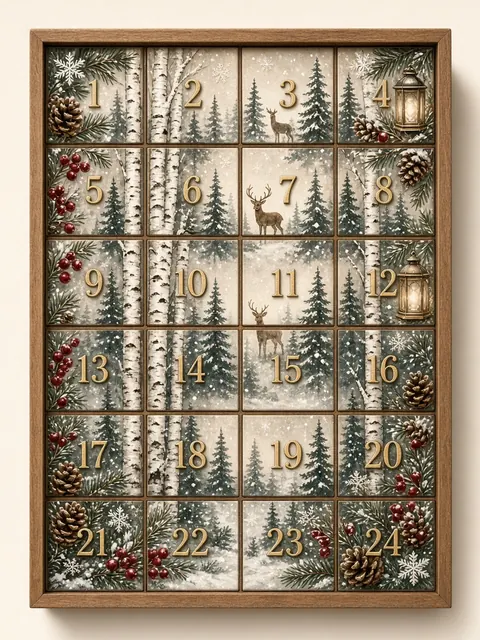 Winter Woods advent box design: snowy pine forest with deer and cabins across the numbered doors